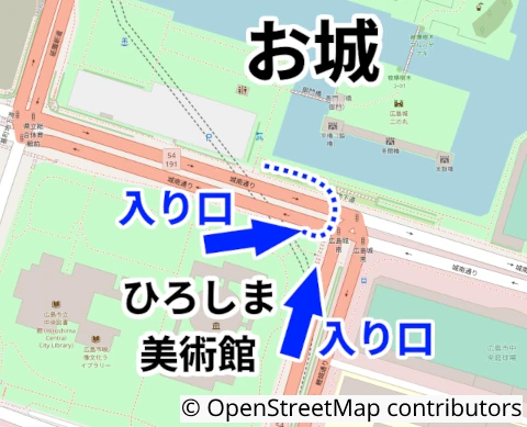 広島城へ行く地下道の入り口を示したマップ