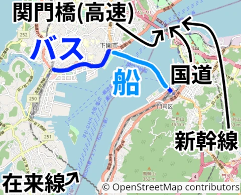 下関駅から門司港駅のバスと船ルート