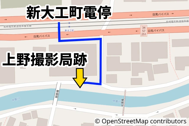 新大工町停留所から上野撮影局跡までのルートマップ