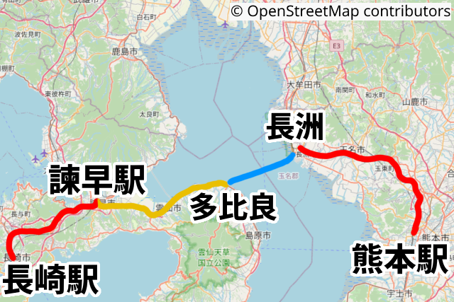 長崎駅から熊本駅までの有明フェリールートマップ