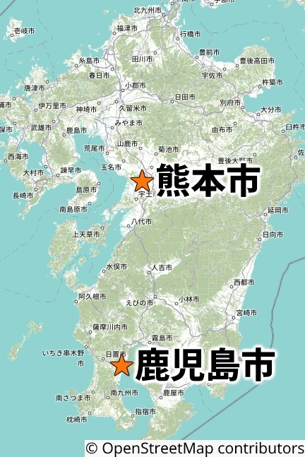 熊本市と鹿児島市の位置関係を示した九州の地図