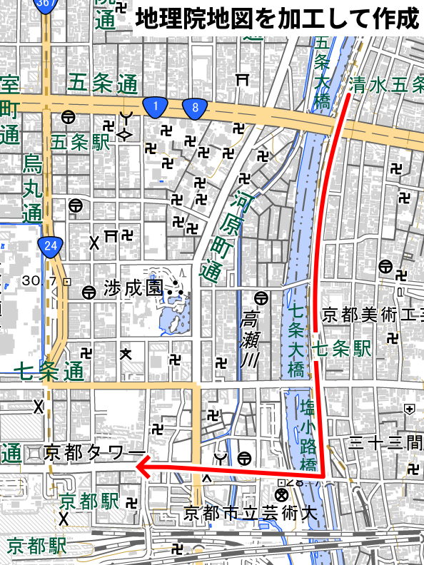 清水五条駅から京都駅へ歩いたルート