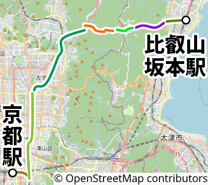 京都駅から琵琶湖への比叡山経由ルートマップ