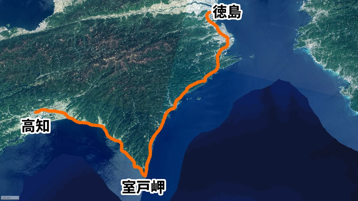 徳島から室戸を経由して高知までの図