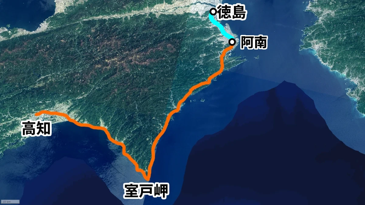 徳島から室戸を経由して高知までの図。徳島~阿南は水色