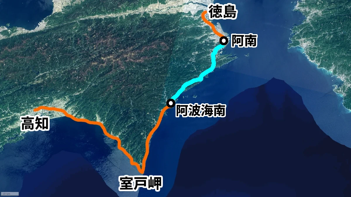 徳島から室戸を経由して高知までの図。阿南～阿波海南は水色