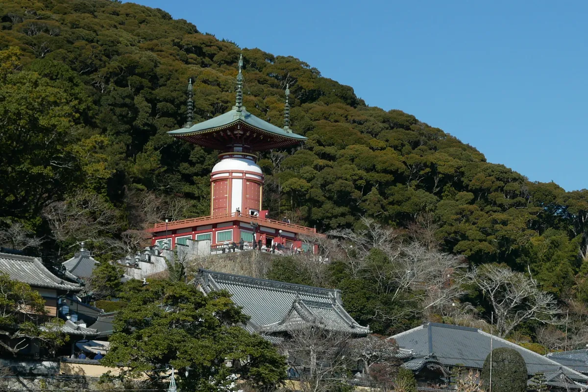 薬王寺の瑜祇塔を遠くから見たところ