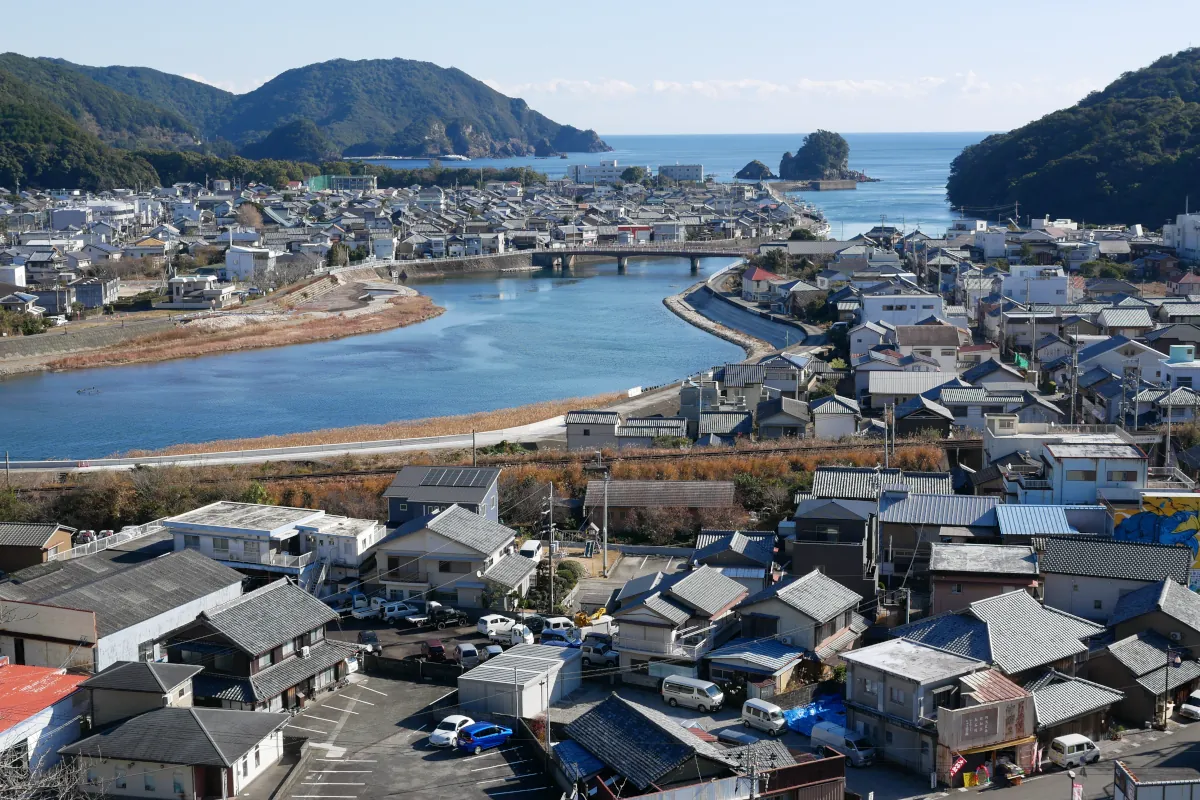 薬王寺の塔の近くから撮影した日和佐駅周辺の風景