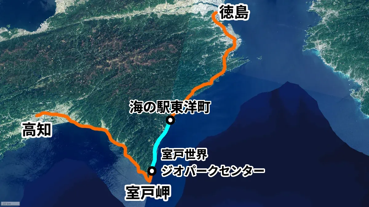 徳島から室戸を経由して高知までの図。海の駅東洋町からジオパークセンターが水色の線