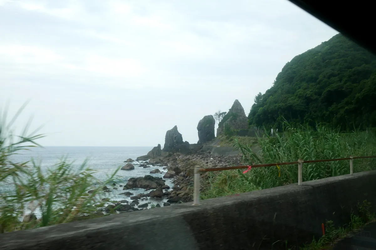 国道55号線沿いの夫婦岩を遠くから見た様子