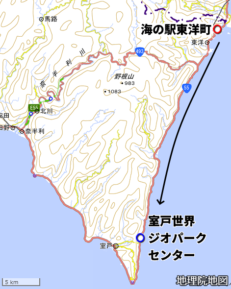 海の駅東洋町から室戸世界ジオパークセンターまでの地図