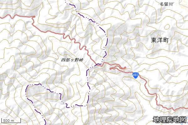 国道493号の山間部のグネグネした道の地図
