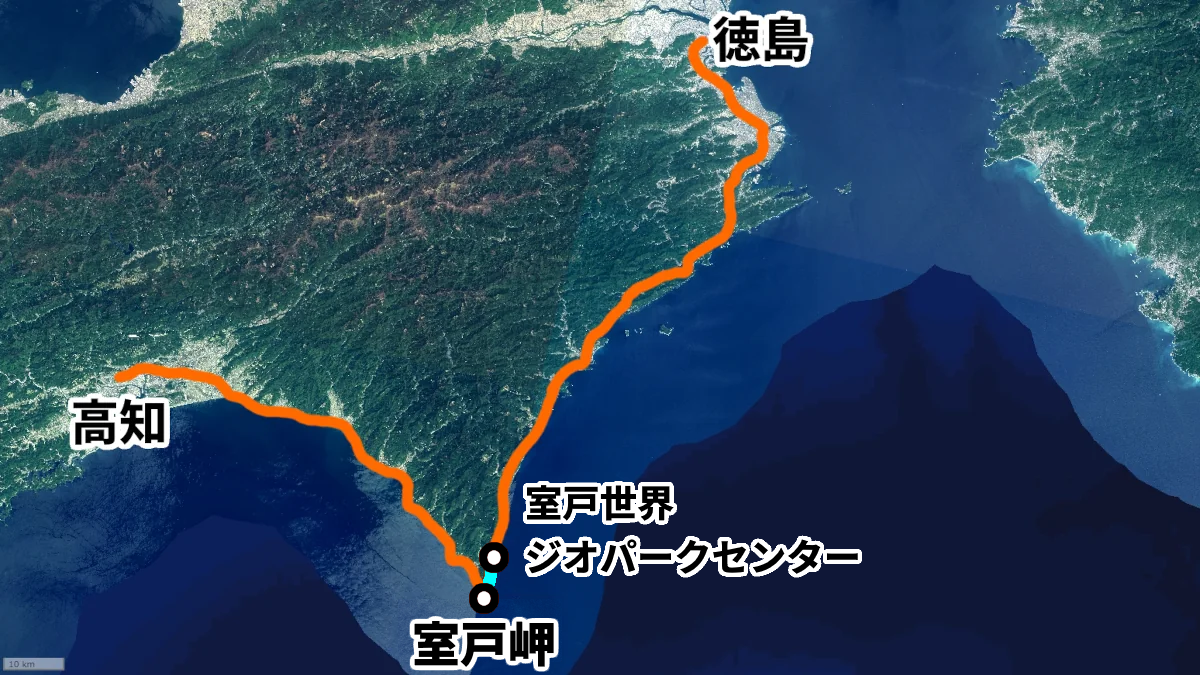 徳島から室戸経由高知への大まかなルートとジオパークセンターから室戸岬へのルートの地図