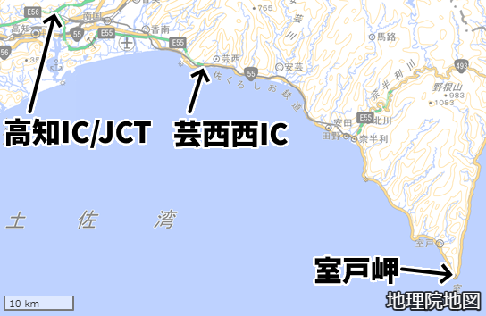 高知市内から室戸岬までの地図